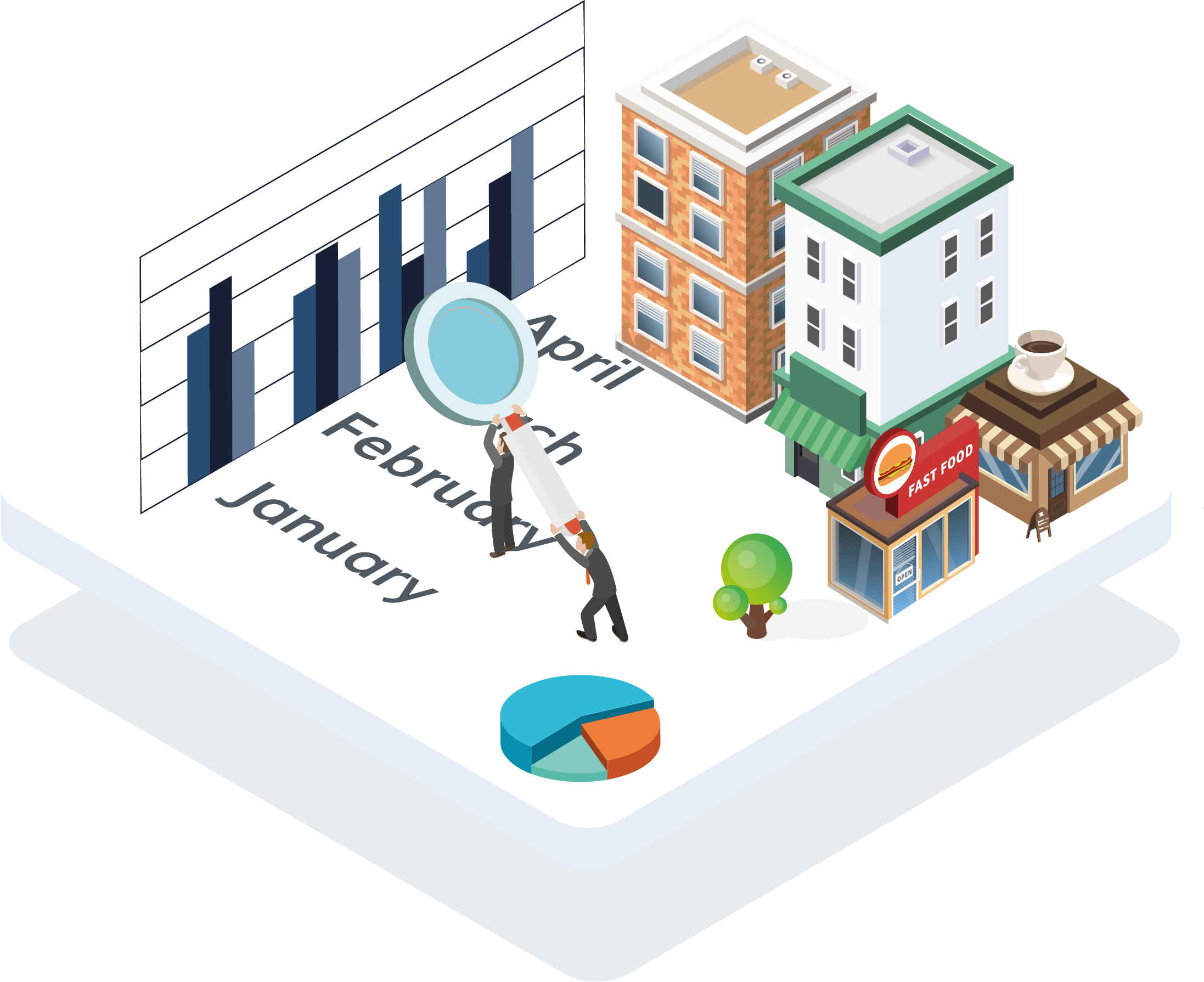 3D animated image of multiple businesses with a monthly bar chart and pie chart.