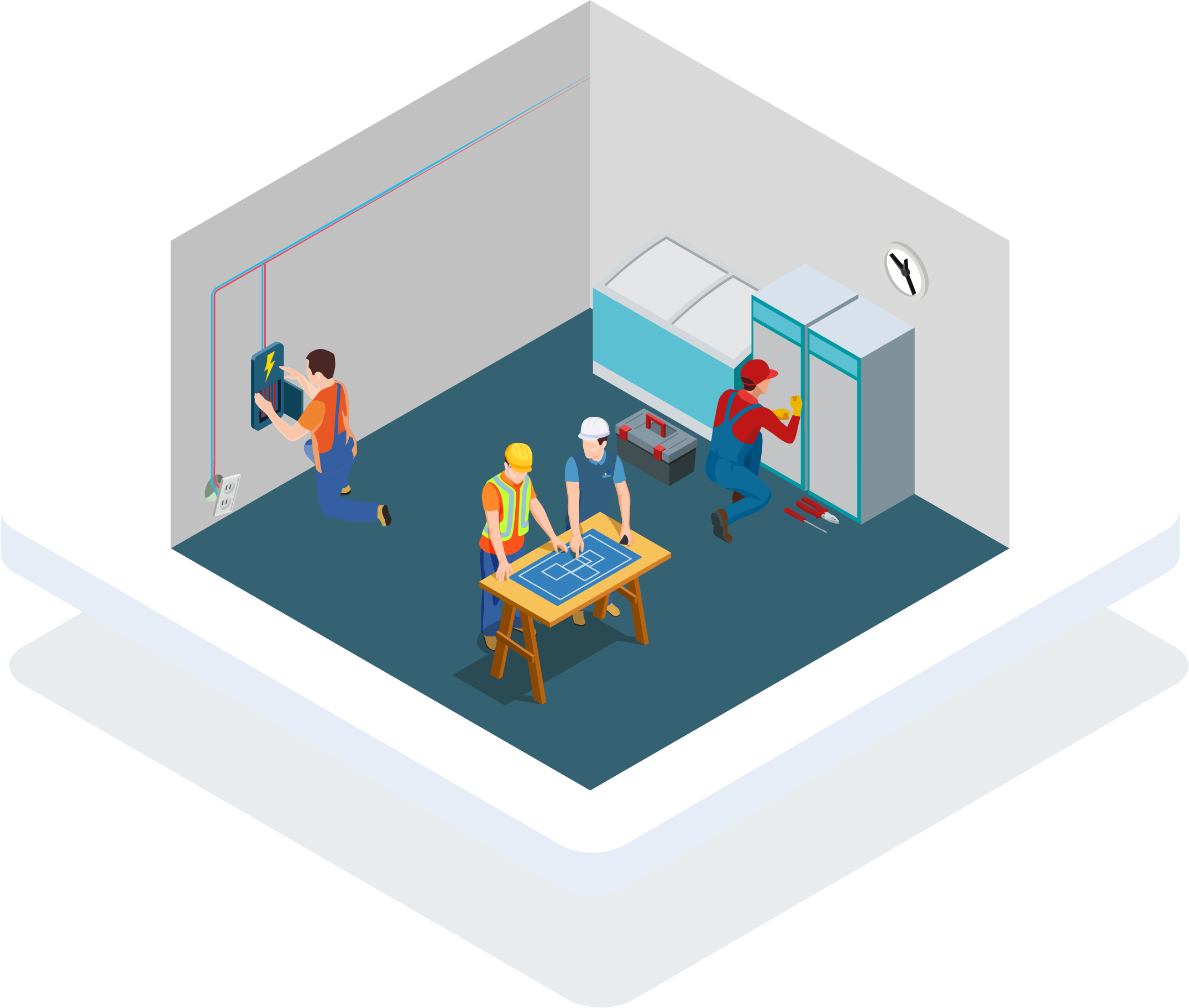 3D animated image of 4 men working in a room.