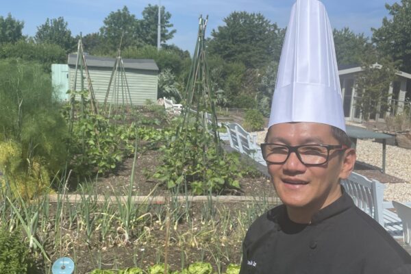 Bellrock Chef in Therapy garden with vegetables growing